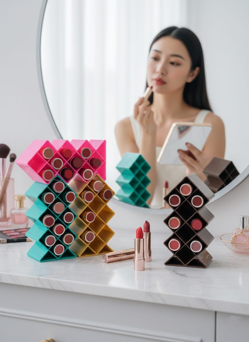 Plastic 10 Grid Lipstick Organizer with Storage Box – Makeup Holder for Lipsticks & Cosmetics - With Box (Random Color)