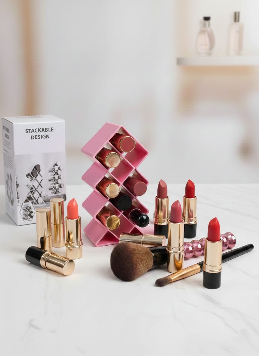 Plastic 10 Grid Lipstick Organizer with Storage Box – Makeup Holder for Lipsticks & Cosmetics - With Box (Random Color)