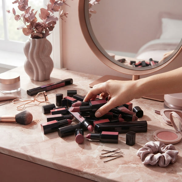 A cluttered vanity surface showing a hand searching through a messy pile of makeup tubes during a busy morning.