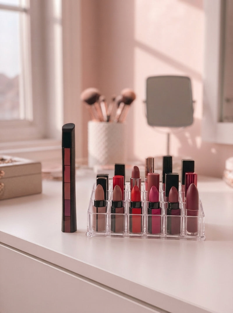 A 5-in-1 lipstick and a lipstick organizer on a clean vanity table in a sunlit room.